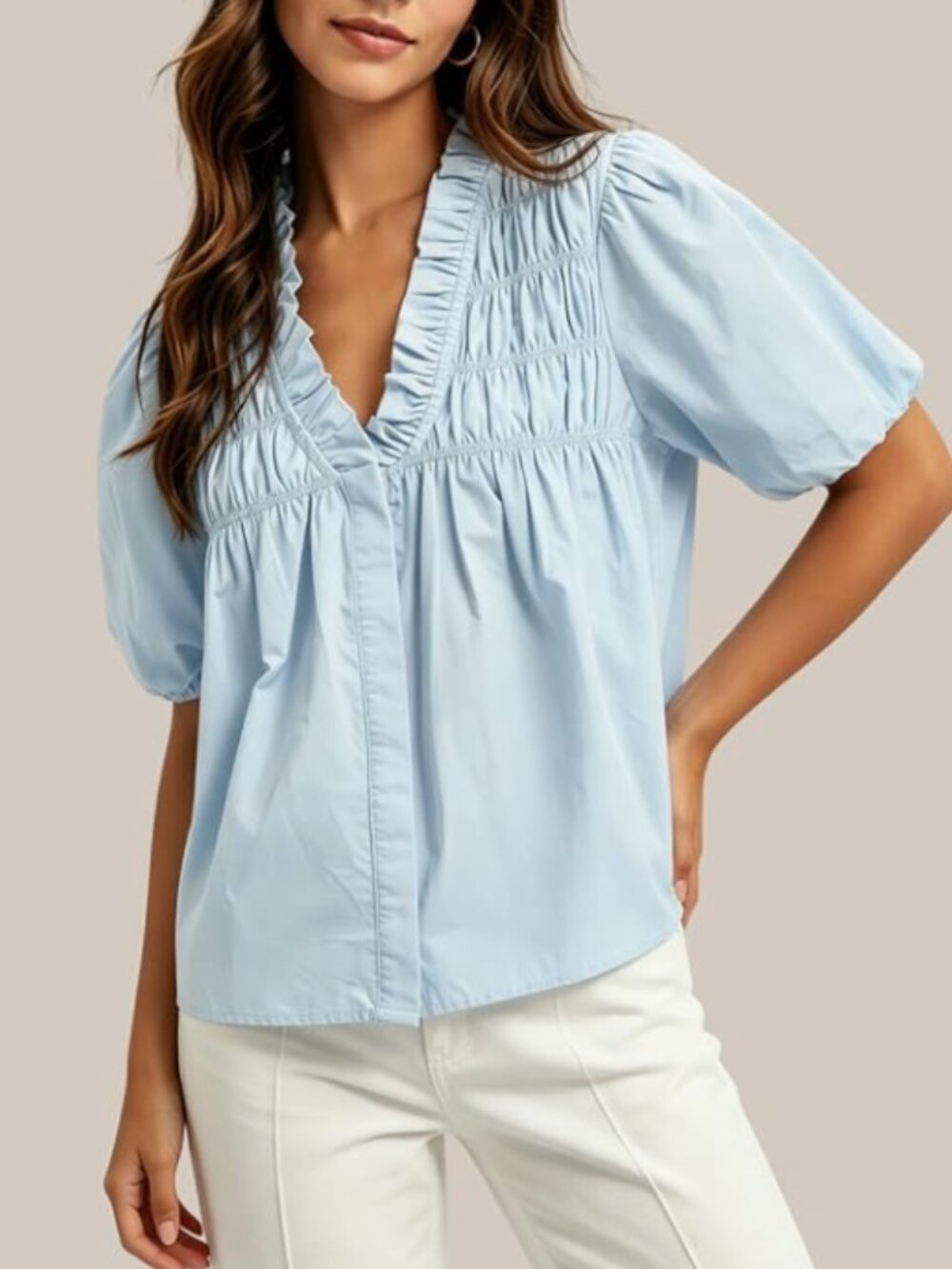 Women Puff Short Sleeve Blouse Ruffle V Neck Smocked Top Loose Fit Flowy Summer